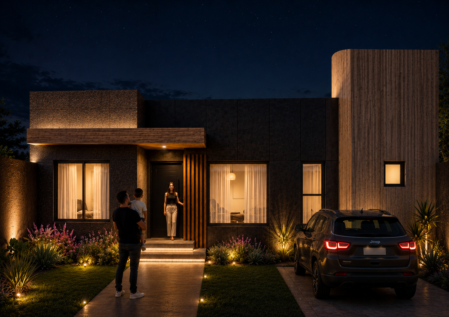 Vivienda Andhara iluminada de noche